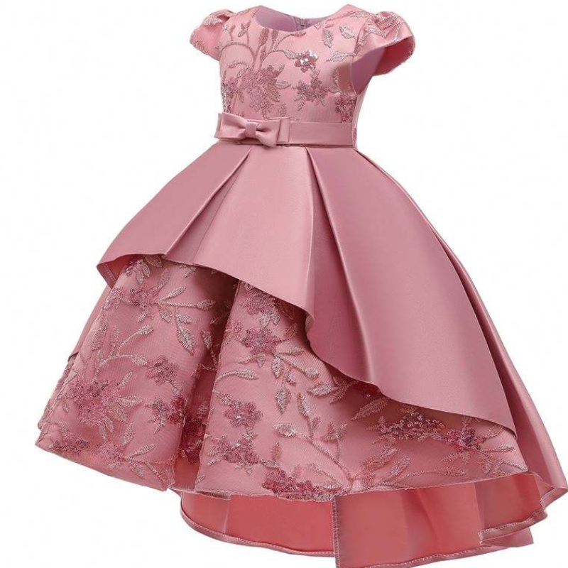 Baige hoogwaardige kinderen lange kleding meisjes feestjurken korte mouw jurk japon ontwerp voor babymeisje