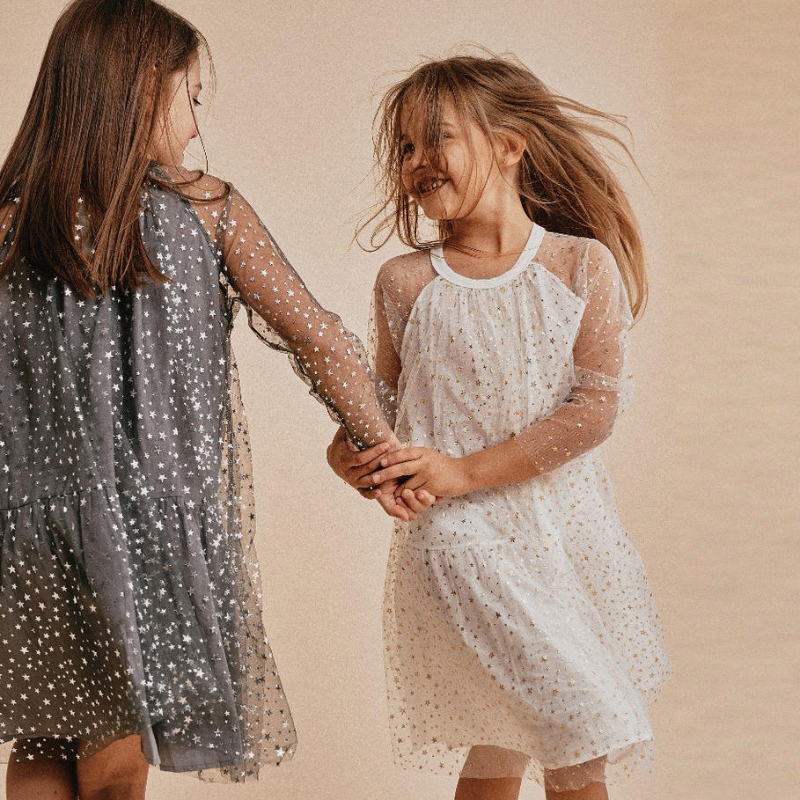 Zomerjurk Shiny Star Patroon Girls Garen Katoen beklede prinsesjurk Kerstmis O-Neck Kinderjurken voor meisjes