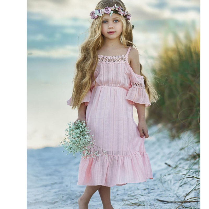 Kinderen zomer off-shoulder meisjes kleden witte roze ruche strandjurken kinderen prinses bruidsmeisje bruiloftswedstrijd voor bloemengir