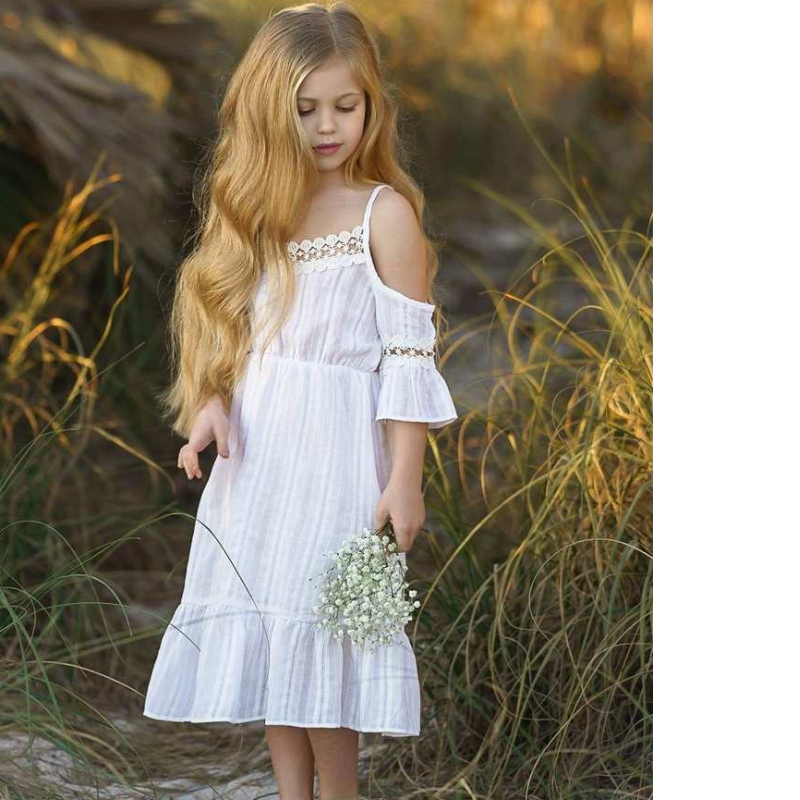 Kinderen zomer off-shoulder meisjes kleden witte roze ruche strandjurken kinderen prinses bruidsmeisje bruiloftswedstrijd voor bloemengir