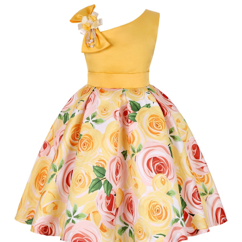 Zomermeisjes Rose printjurk Prinses Bruiloft Verjaardagsfeestje Frocks Satin Children vestidos jurken voor meisje kerstkleding