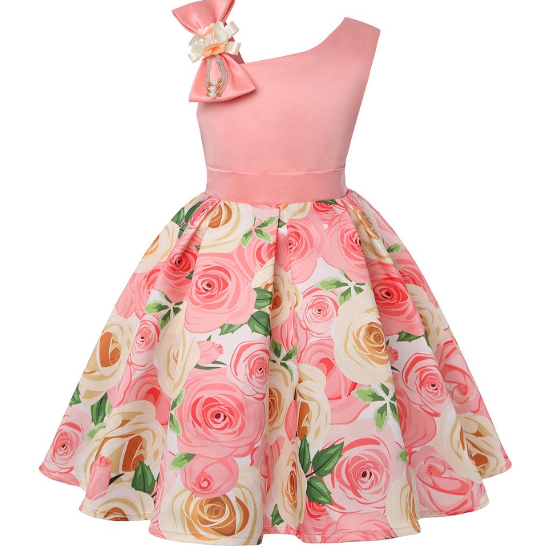 Zomermeisjes Rose printjurk Prinses Bruiloft Verjaardagsfeestje Frocks Satin Children vestidos jurken voor meisje kerstkleding