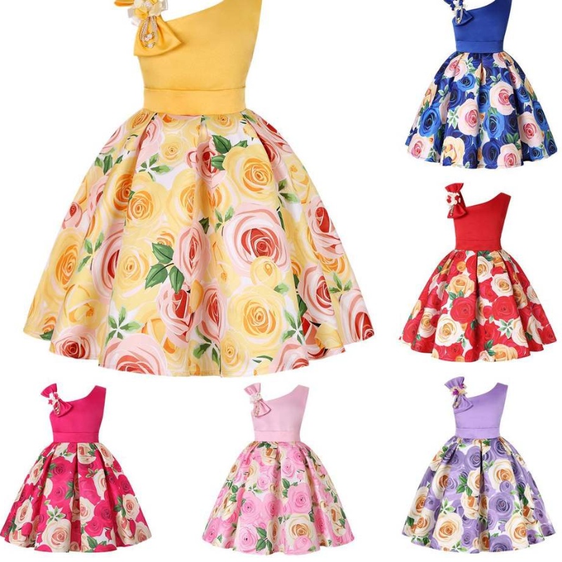 Zomermeisjes Rose printjurk Prinses Bruiloft Verjaardagsfeestje Frocks Satin Children vestidos jurken voor meisje kerstkleding