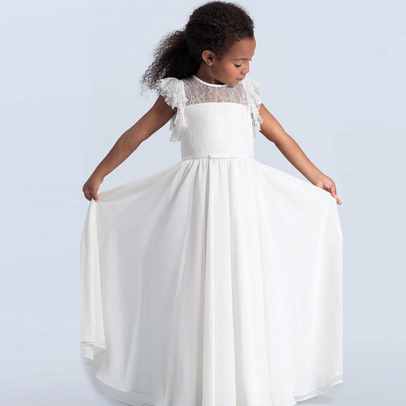 Meisjes kant maxi jurk kinderen ruches mouw prinses tulle jurken bruidsmeisje eerste communion Optocht bloemenmeisjes Vestidos jurken