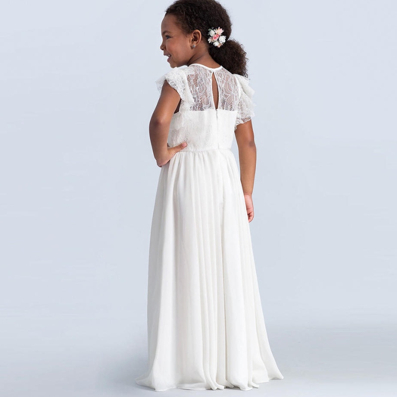 Meisjes kant maxi jurk kinderen ruches mouw prinses tulle jurken bruidsmeisje eerste communion Optocht bloemenmeisjes Vestidos jurken