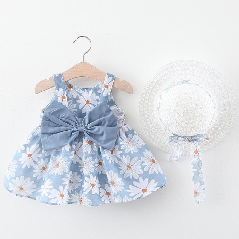 Groothandel 2 stks zomer pasgeboren jurk sets babymeisje mouwloze print strand prinses jurk jurken met hoed