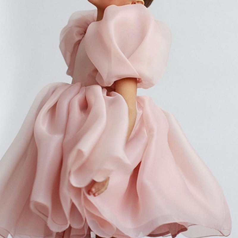 Mode meisje prinses vintage jurk tule kind vestido puff mouw roze trouwfeest verjaardag tutu kinderbal jurk jurk