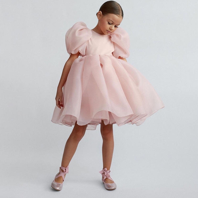 Mode meisje prinses vintage jurk tule kind vestido puff mouw roze trouwfeest verjaardag tutu kinderbal jurk jurk