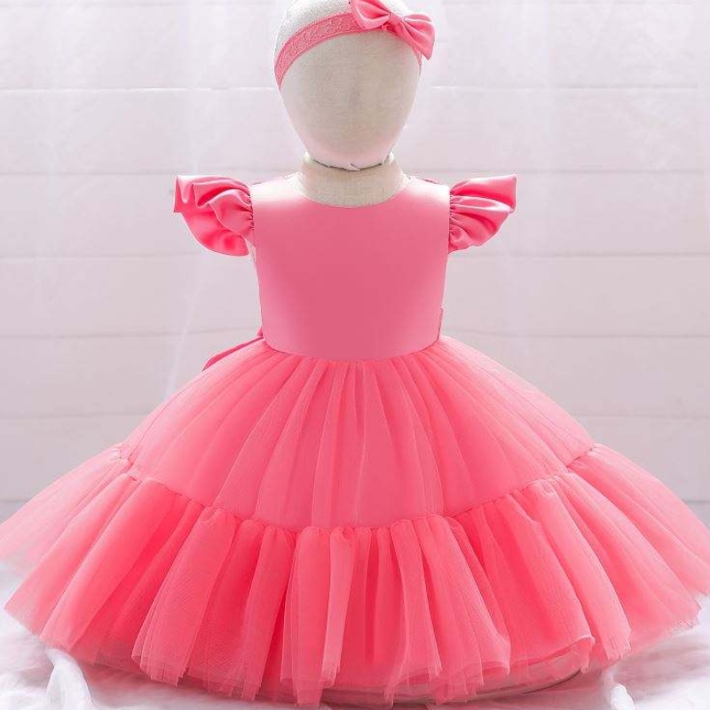 Baige mesh satijn prinses meisjes verjaardagsjurken mooie meid feest babymeisjes jurk ontwerpen voor doop met hoofdband