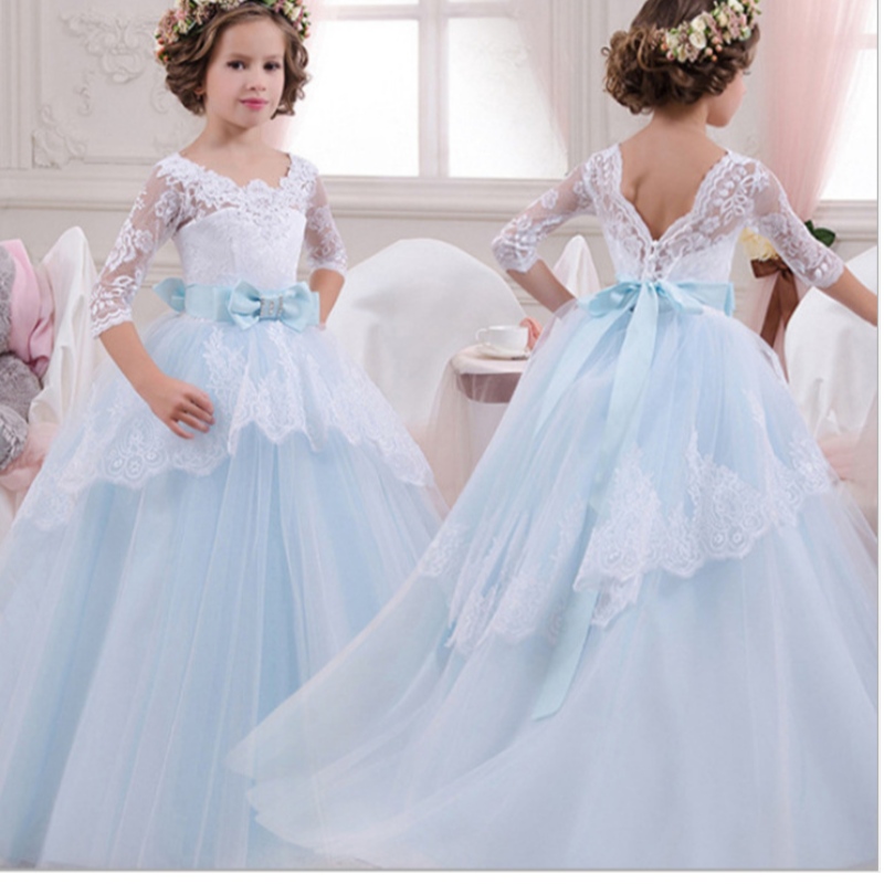 Kinderen 's Wedding Dress Girl \\' s zeven kwart mouw kanten prinses rok baard buiging prachtige jurk