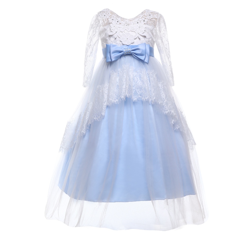 Kinderen 's Wedding Dress Girl \\' s zeven kwart mouw kanten prinses rok baard buiging prachtige jurk