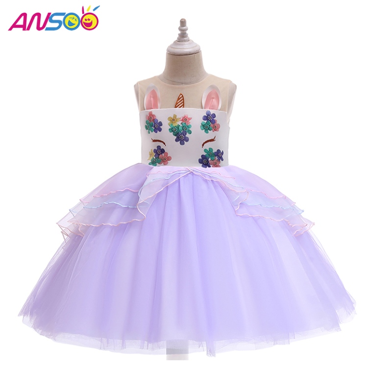 Ansoo Unicorn Princess Flower Girl Jurk Groothandel Kids trouwjurk knie lengte meisjes feestjurken