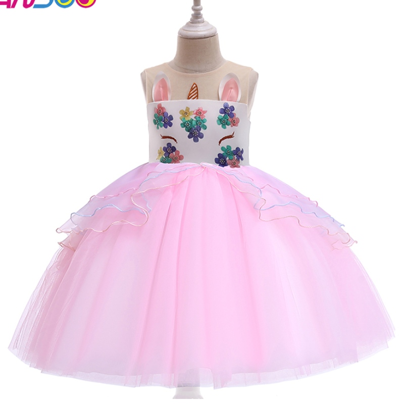 Ansoo Unicorn Princess Flower Girl Jurk Groothandel Kids trouwjurk knie lengte meisjes feestjurken