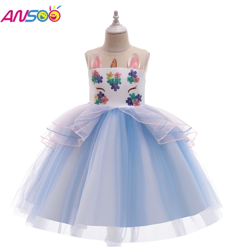 Ansoo Unicorn Dress For Girl Rainbow Tutu Princess Dress Kids Birthday Party Jurk Children \\'s Fancy Paaskostuum