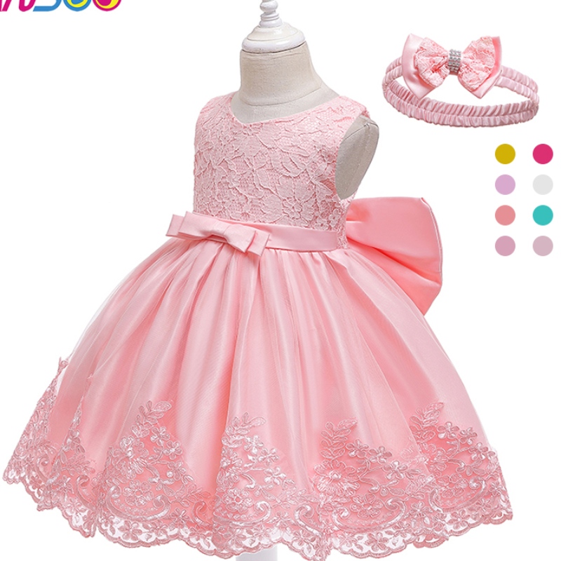 Anoo New Design Girl \\ 's Princess Dress Dress Bow Lace Baby Mouwloze jurk voor bruiloftsfeestje