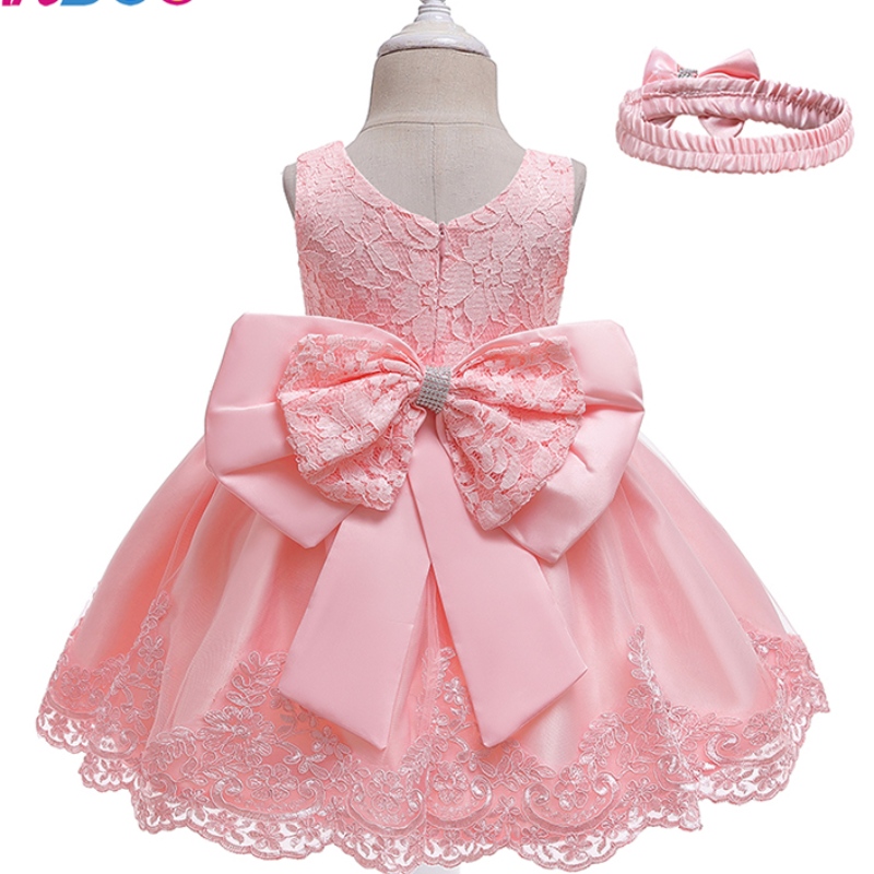 Anoo New Design Girl \\ 's Princess Dress Dress Bow Lace Baby Mouwloze jurk voor bruiloftsfeestje