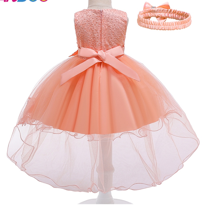 Anoo Europese en Amerikaanse babyjurk Lace Pink Princess Trailing Dress voor 100 dagen feestje