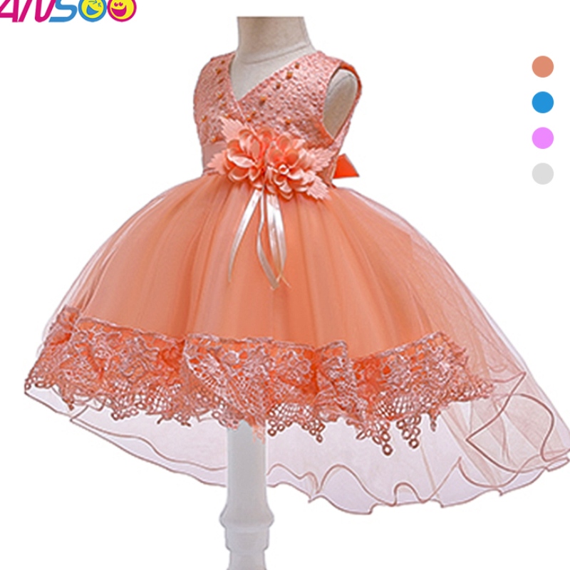 Anoo Europese en Amerikaanse babyjurk Lace Pink Princess Trailing Dress voor 100 dagen feestje