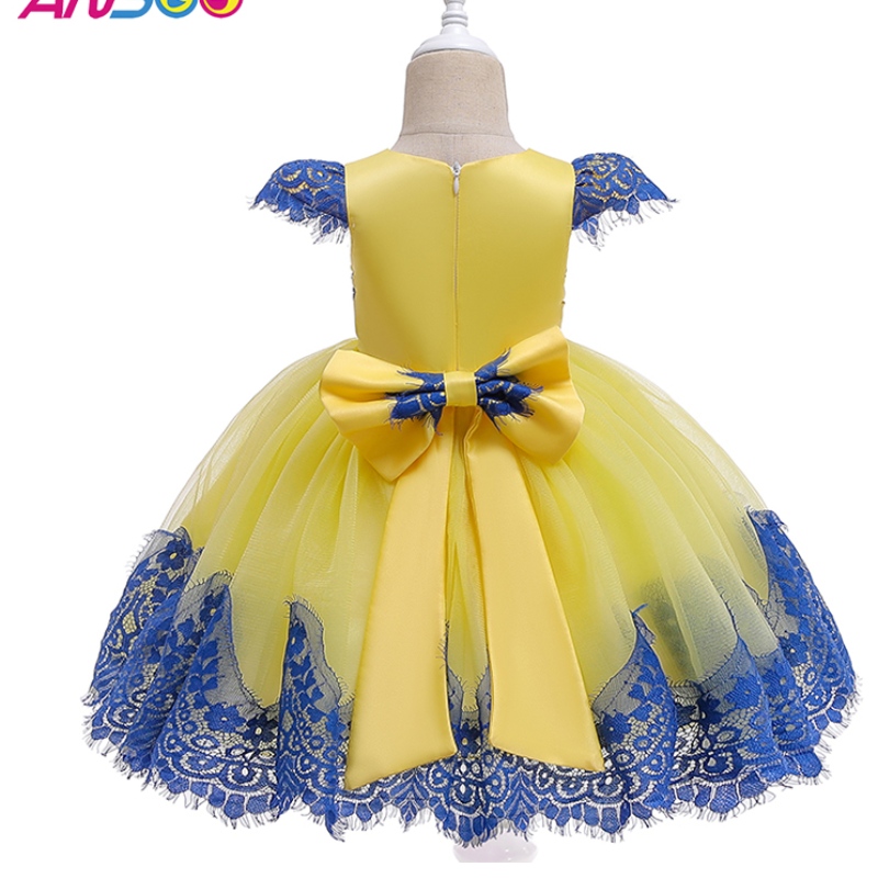 Anoo Baby Girls Puff Sleeve Retro Party Yellow Dress Children Princess Bow Summer Tutu Pink Jurken For Girls Kids