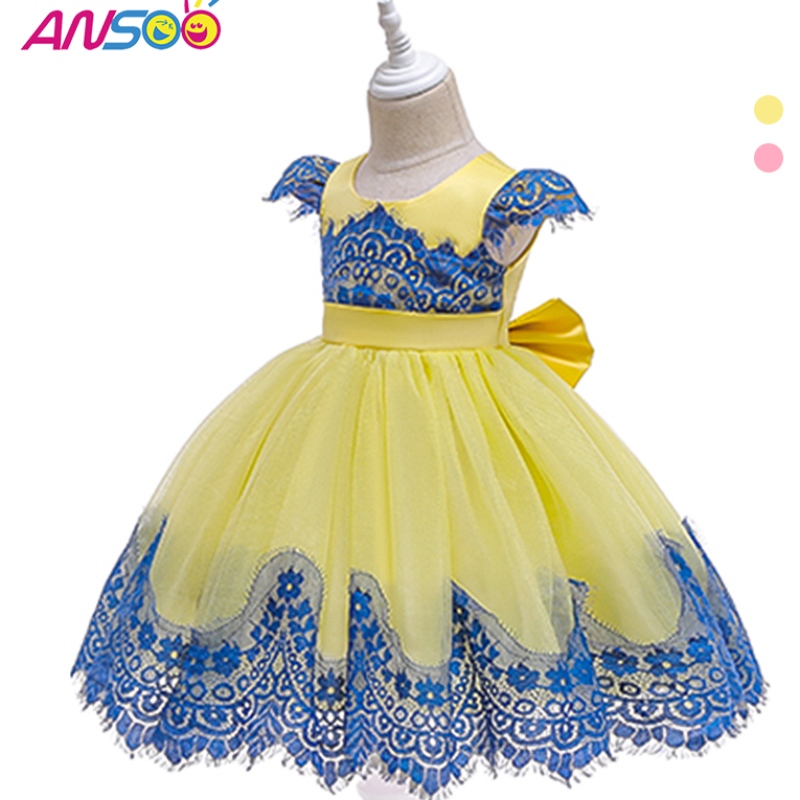 Anoo Baby Girls Puff Sleeve Retro Party Yellow Dress Children Princess Bow Summer Tutu Pink Jurken For Girls Kids