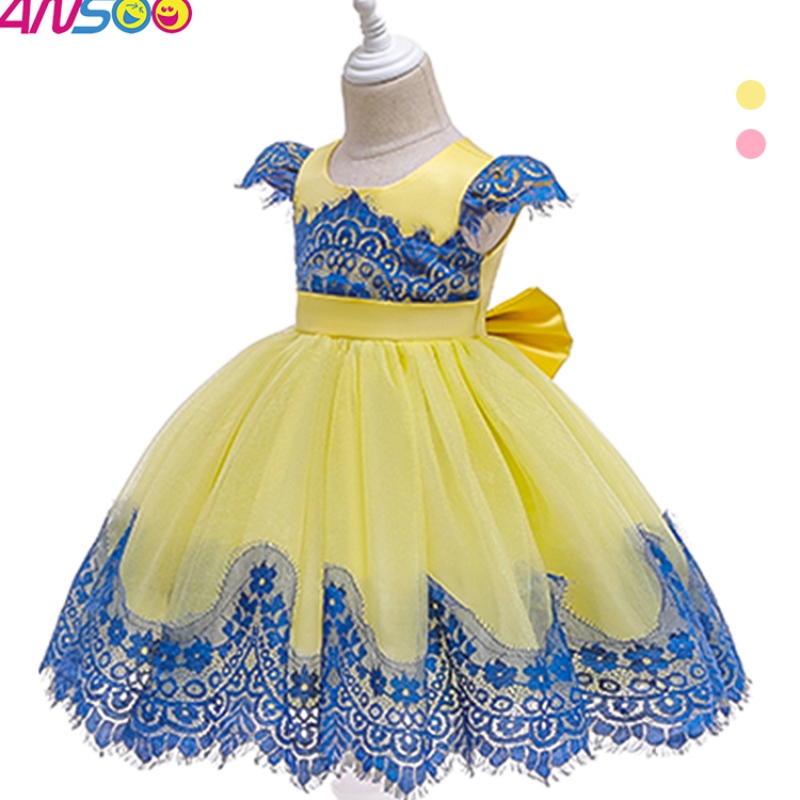 ANOO NIEUWE KINDEREN \\ 's Clash Color Ins Dress-pailletten Lace Princess Dress met grote boog voor 3-10 jaar meisje