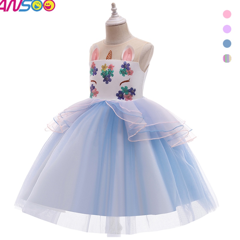 Anoo Kid Toddler Girl Birthday Ball Party Cosplay Kostuum Rainbow Unicorn Fluffy Layered TuLle Tutu -jurk voor meisje