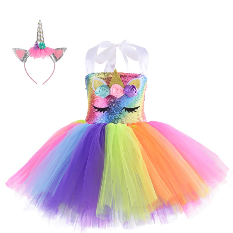 Pailletten feestjurk Unicorn Princess Dress voor meisjes 1-10y met hoofdband verjaardags dans tutu jurk