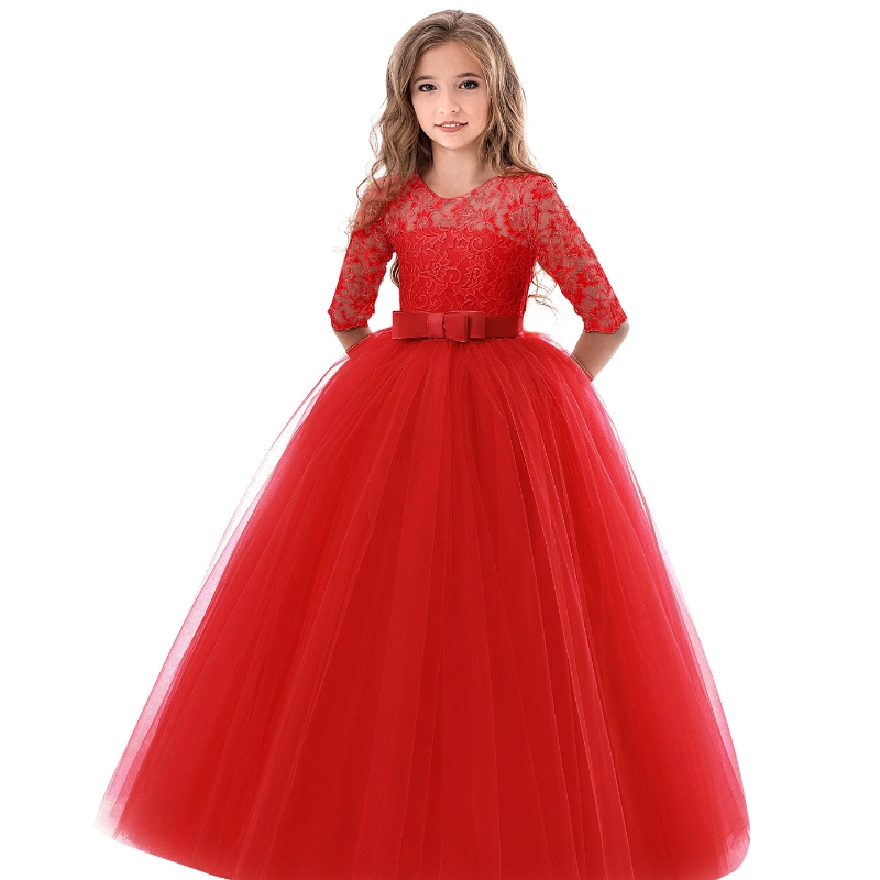 2022 Spring Children \\ 's Princess Dress Lace Mesh Puffy Group of Big Girls Flower Girls \\' Feest wieden jurken voor 8-14 jaar