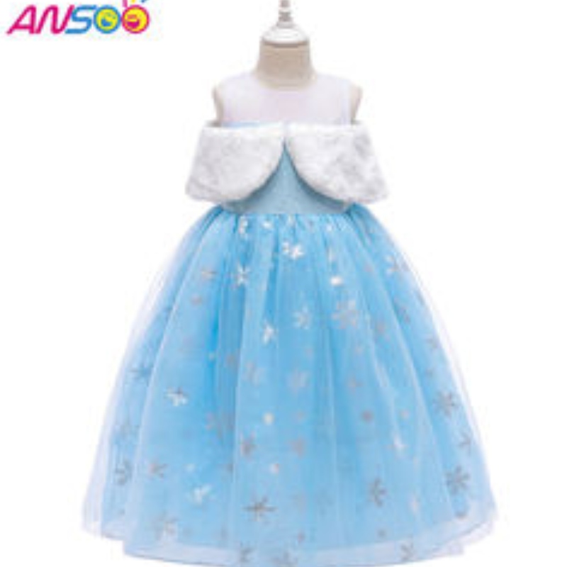 ANOOO2021 KINDEREN 's Performance Elsa Fashion Girl Wool Collar Princess Jurk Lovely Girls Costume