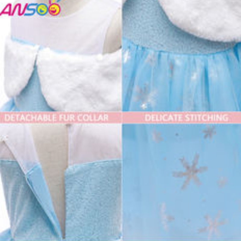 ANOOO2021 KINDEREN 's Performance Elsa Fashion Girl Wool Collar Princess Jurk Lovely Girls Costume