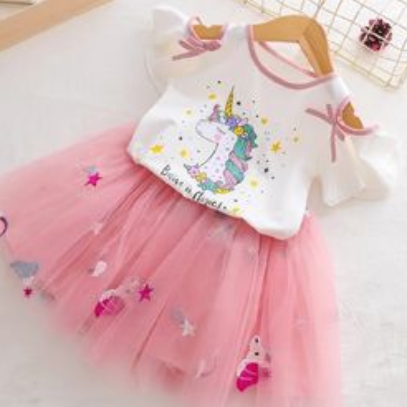 Baby Meisjes Eenhoorn Jurken Zomer T-shirt+Tutu Prinses Jurk Kids Korte Mouw Kleding Set Kinderen 2pcs Party Kostuum