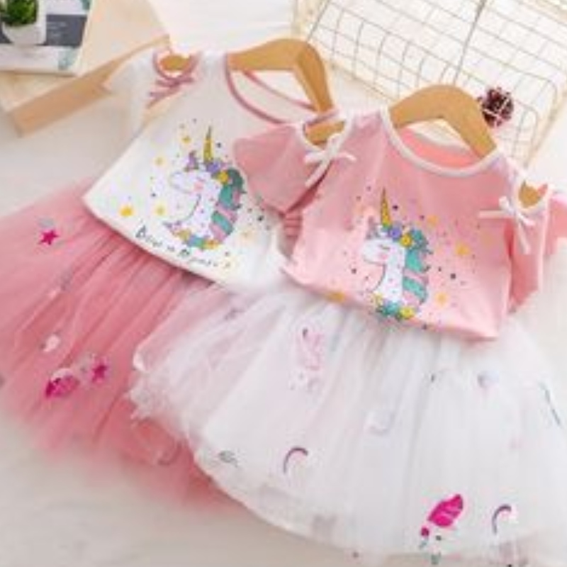 Baby Meisjes Eenhoorn Jurken Zomer T-shirt+Tutu Prinses Jurk Kids Korte Mouw Kleding Set Kinderen 2pcs Party Kostuum