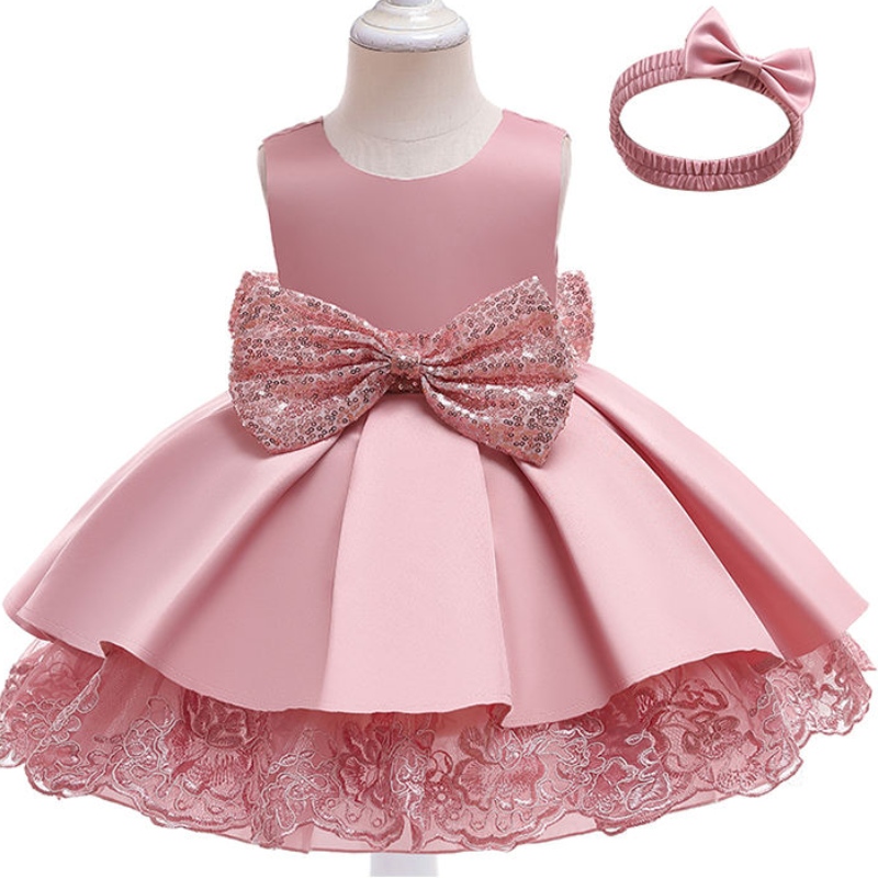 Op voorraad 5 kleuren beschikbaar Baby Girls Birthday Party V Back Pailletten BOW KIDS KLEDING TODDLER DOOP DOPPRINSESS JURK