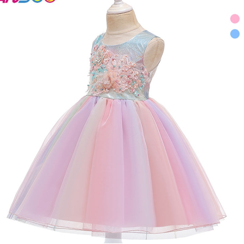 Anoo Summer Flower Kids Pluize jurk voor meisjes 2 kleuren Baby Girl Party Tutu Pink Jurk Wedding Princess