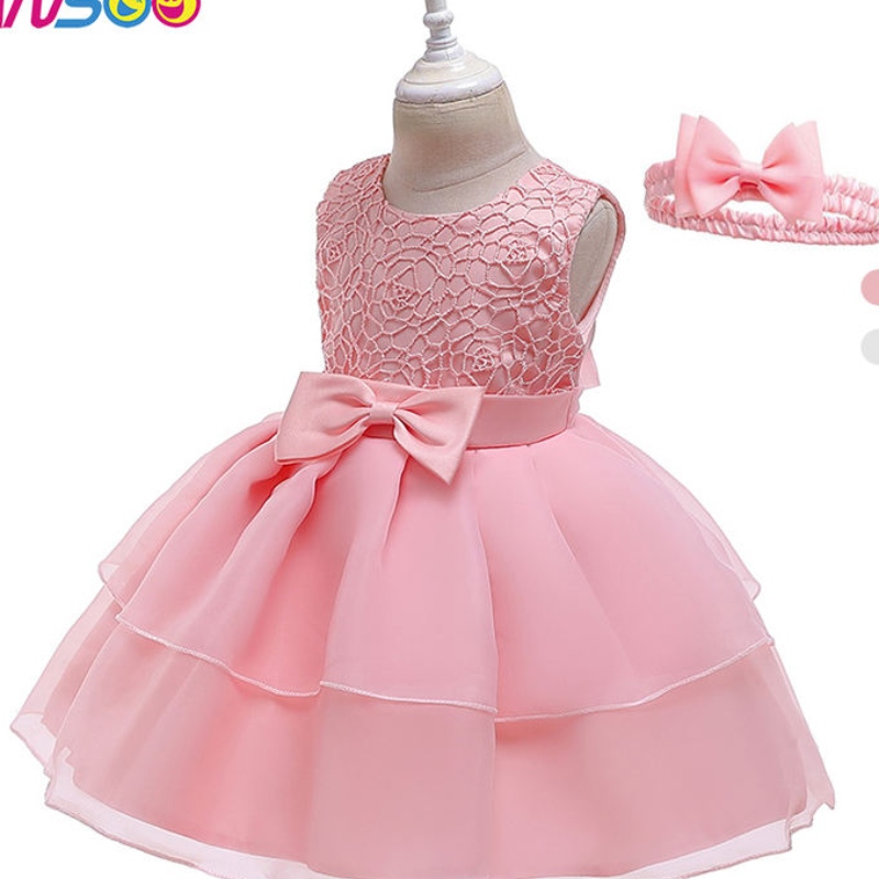 ANOO NIEUWE KINDEREN \\ 's Jurk Bow Lace Dress Runway Runway Princess Dress met haarband voor meisjes van 3-24 maanden