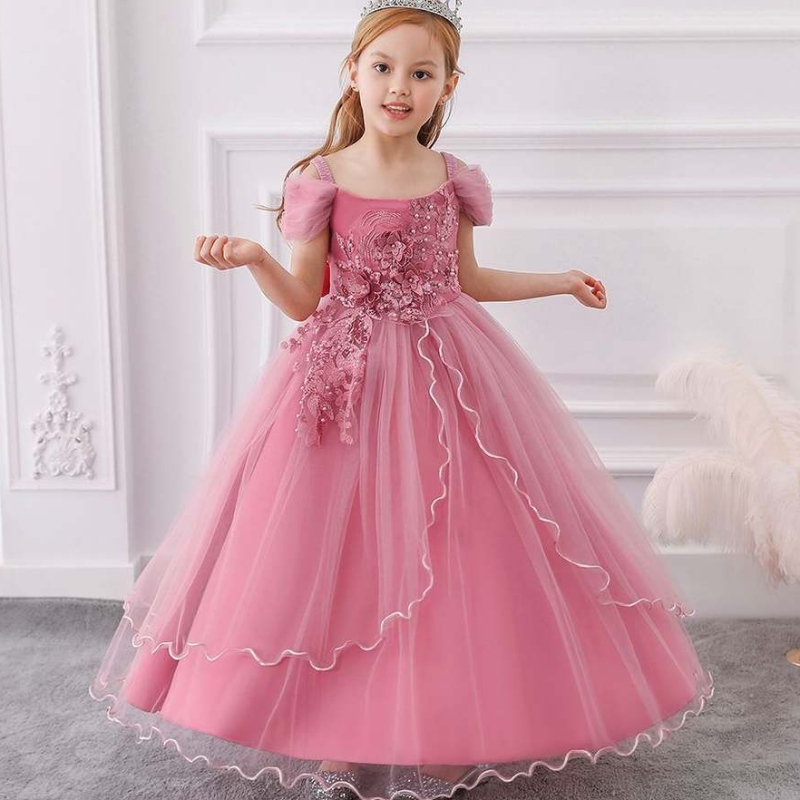 Baige elegante kinderen lange jurk meisjes kinderen prom long japon meisje bruiloft prinses baljurk