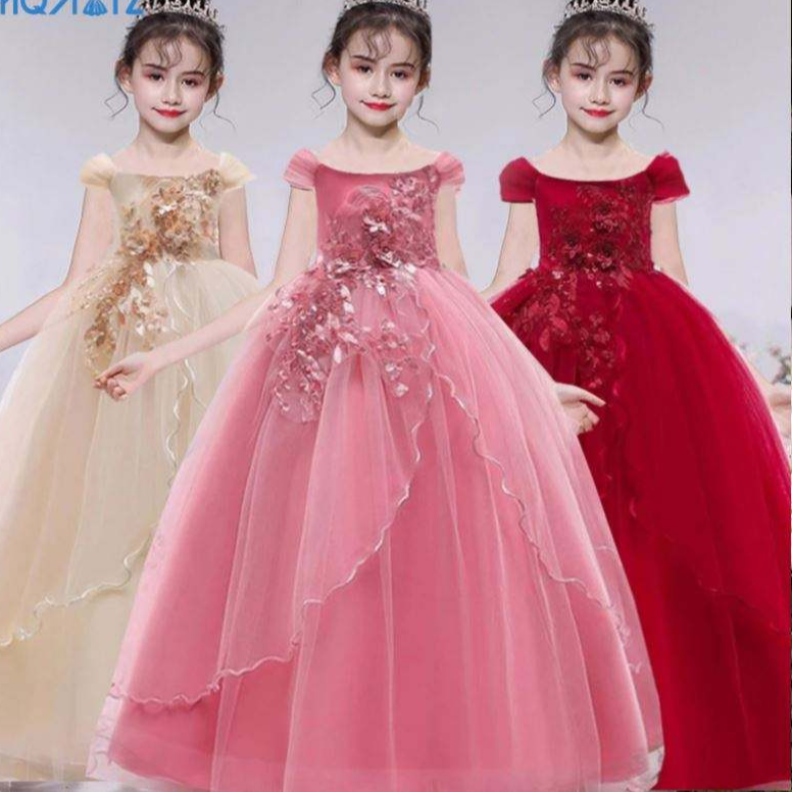 Baige elegante kinderen lange jurk meisjes kinderen prom long japon meisje bruiloft prinses baljurk