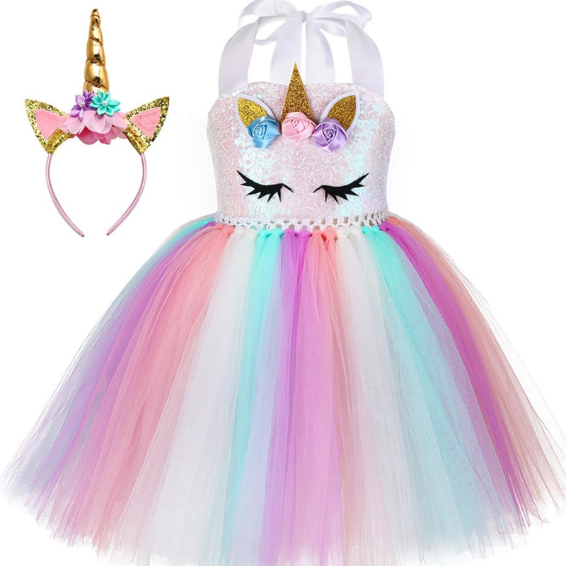 Kid Toddler Girl Birthday Ball Party Cosplay LED LED LICHTER RAINBOW UNICorn Fluffy Layered TuLle Tutu -jurk met hoofdband