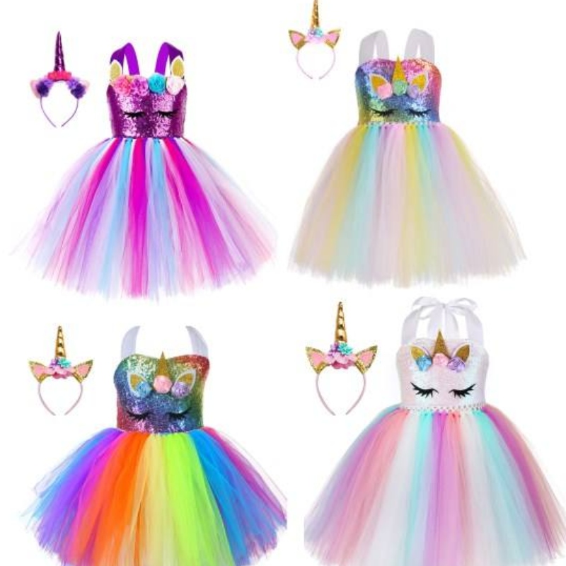 Kid Toddler Girl Birthday Ball Party Cosplay LED LED LICHTER RAINBOW UNICorn Fluffy Layered TuLle Tutu -jurk met hoofdband