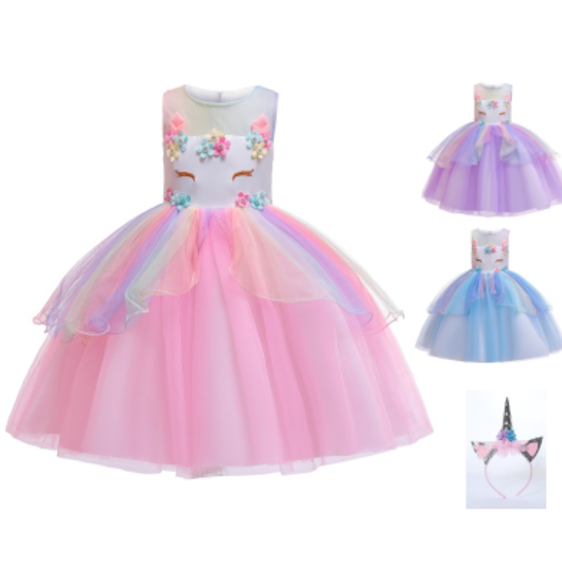 Prestaties Draag eenhoorn verkleedkleding voor kleine meisjes Rainbow Unicorn Tutu Dress -kostuum met hoofdtandverjaardagscadeau