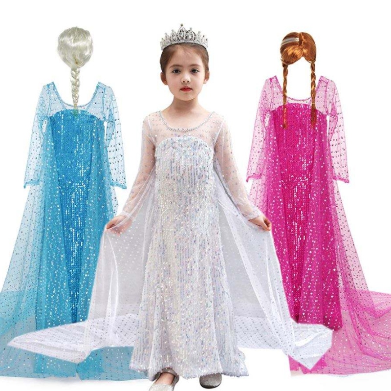 Baige ins Amazon Hot Sale Snow Queen Elsa Dress Blingbling Halloween Princess Girl Birthday Party Dress