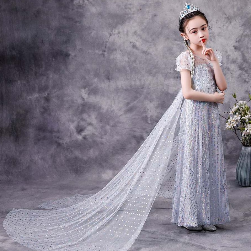 Baige ins Amazon Hot Sale Snow Queen Elsa Dress Blingbling Halloween Princess Girl Birthday Party Dress