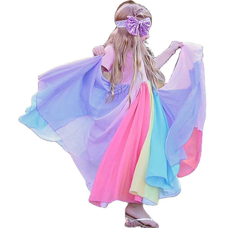 Kleine meisjes mesh tule jurken lente zomer regenboog strand prinses jurk kinderen kinderen kinderen korte mouw Sundress feest kostuum