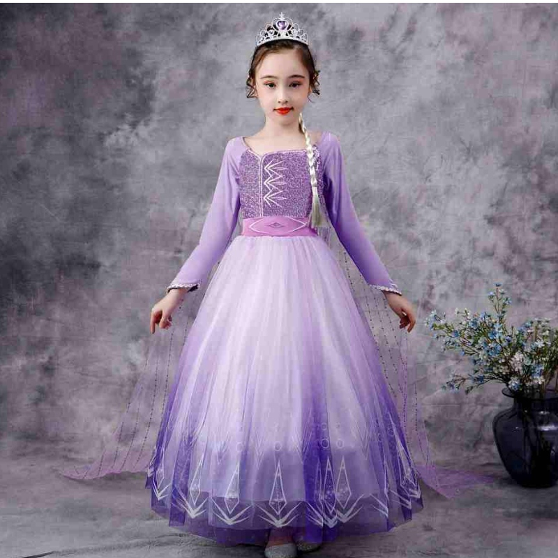 Baige Snow Queen Purple Elsa Dress Christmas Halloween Anna Kostuum Girls Lange mouw geborduurde lovertjesjurken