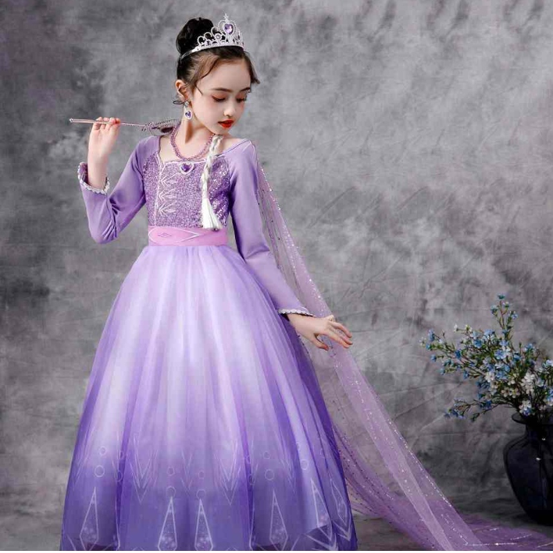 Baige Snow Queen Purple Elsa Dress Christmas Halloween Anna Kostuum Girls Lange mouw geborduurde lovertjesjurken