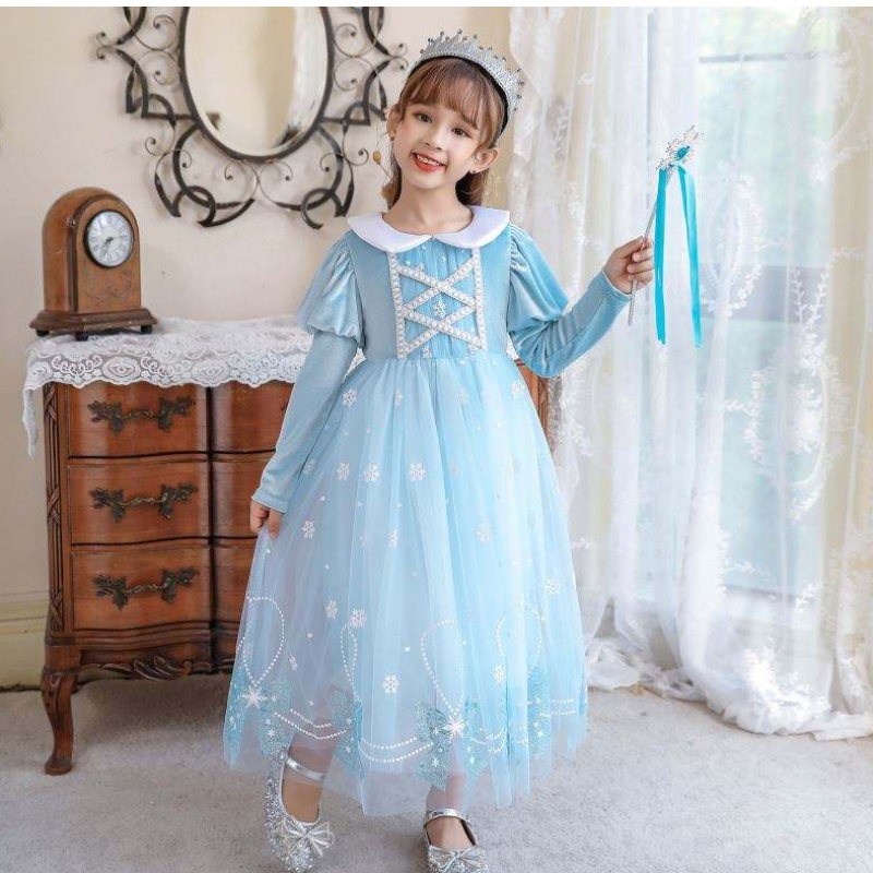 BX1763 Nieuwe herfst Lange mouwen Anna Elsa Princess Jurk Halloween Cosplay Kostuum Kids Flower Girl Dress