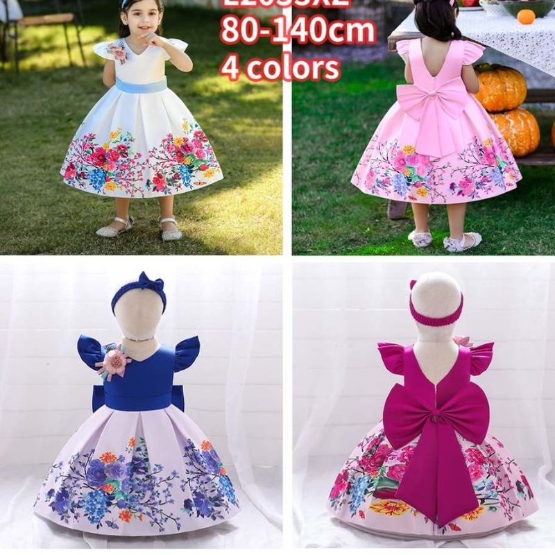 Baige Big Bow Christmas Flower Girl Party Princess Dress Baige Gedrukte V-Back Birthday Ball Jurk L2033XZ