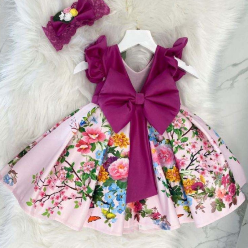 Baige Big Bow Christmas Flower Girl Party Princess Dress Baige Gedrukte V-Back Birthday Ball Jurk L2033XZ