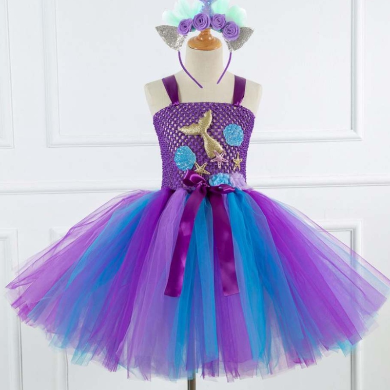 Nieuwe zeemeermin stijl meisje collectie cosplay kostuum bloemen meisje tutu jurk met gratis hoofdband 93430