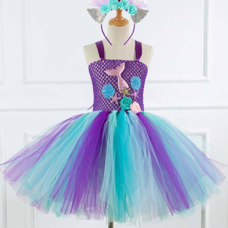 Nieuwe zeemeermin stijl meisje collectie cosplay kostuum bloemen meisje tutu jurk met gratis hoofdband 93430